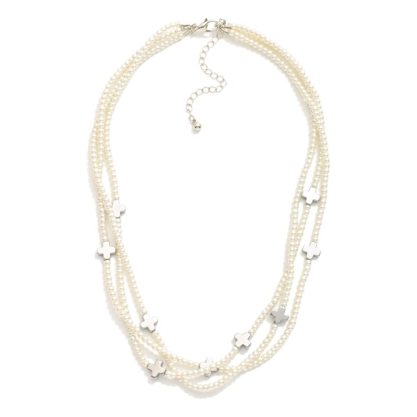 Wholesale layered Pearl Beaded Necklace Metal Criss Cross Stations L Extender l