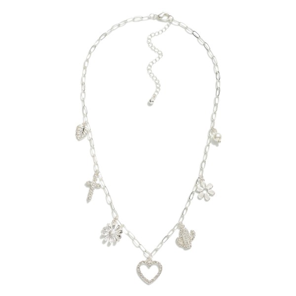 Paperclip Chain Link Charm Necklace Featuring Rhinestone & Pearl Studded Charms 

- Approximately 14" L
- Extender 3" L