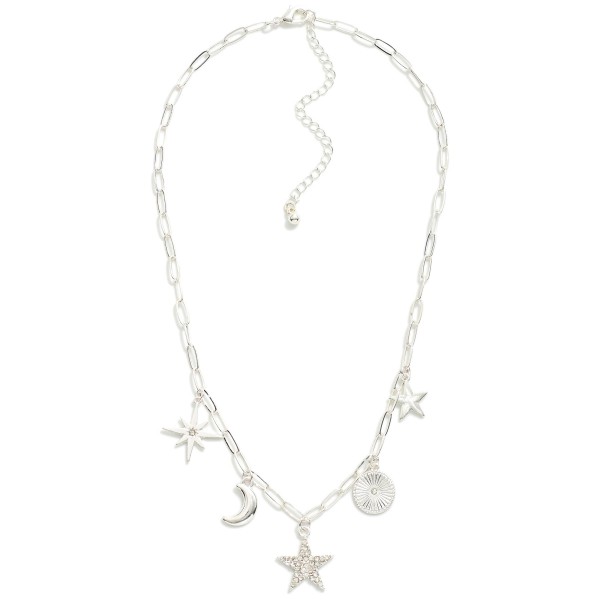 Wholesale paperclip Chain Link Charm Necklace Metal Tones Rhinestones Space Char
