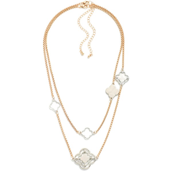 Set Of Two Metal Tone Box Chain Necklaces Featuring Metal Clover Stations 

- Approximately 14-16" L
- Extender 3" L