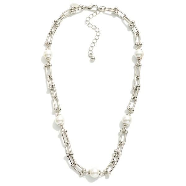 Metal Tone U Link Necklace Featuring Pearl Stations 

- Approximately 16" L
- Extender 3" L