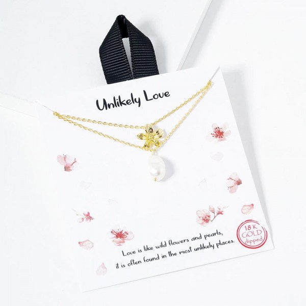 Wholesale layered Dainty Chain Link Necklace Metal Flower Freshwater Pearl Penda