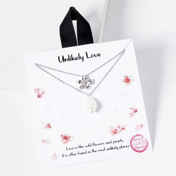 Wholesale layered Dainty Chain Link Necklace Metal Flower Freshwater Pearl Penda