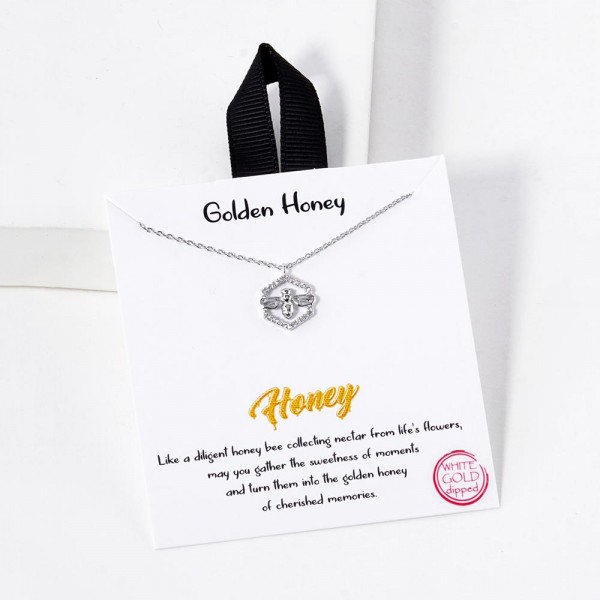 Wholesale dainty Chain Link Necklace Bee Pendant Cubic Zirconia Hexagon Gold Dip
