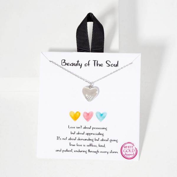 Wholesale dainty Chain Link Necklace Metal Textured Heart Pendant Cubic Zirconia