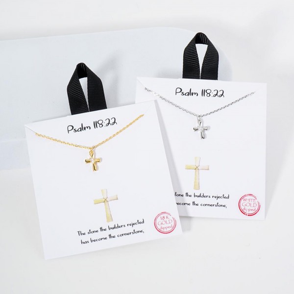 Dainty Chain Link Necklace Featuring Metal Tone Cross Pendant With Cubic Zirconia Accent 
- Gold Dipped
- Hypoallergenic Brass Base
- Approximately 16" L
- Extender 2" L
- Made in Korea
- Lead & Nickel Free
Card Reads : "The stone the builders rejected has become the cornerstone."