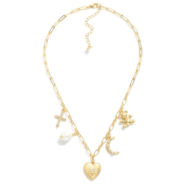 Wholesale paperclip Chain Link Charm Necklace Metal Tones Rhinestones Pearl Char