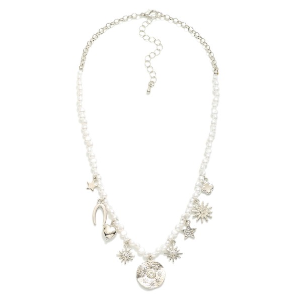 Wholesale pearl Beaded Charm Necklace Metal Tones Stars Rhinestones L Extender L