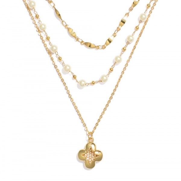 Wholesale layered Chain Link Necklace Pearl Stations Metal Clover Pendant L Exte