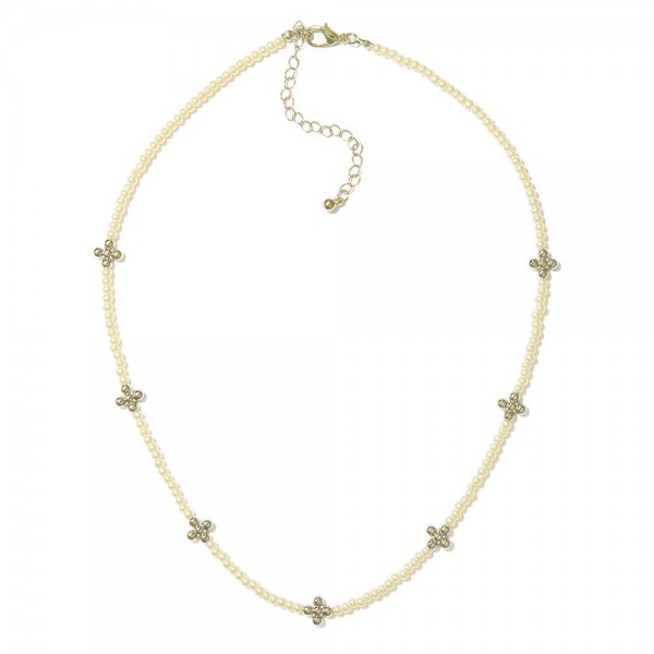 Pearl Beaded Necklace Featuring Metal Tone Bubble Criss Cross Stations 

- Approximately 16" L
- Extender 3" L