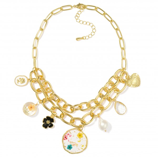 Wholesale layered Chain Link Charm Necklace Metal Tones Pearl Resin Flower Charm