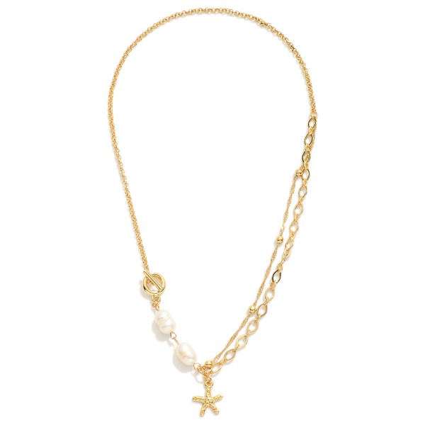 Wholesale chain Link Necklace Freshwater Pearl Stations Metal Starfish Pendant L