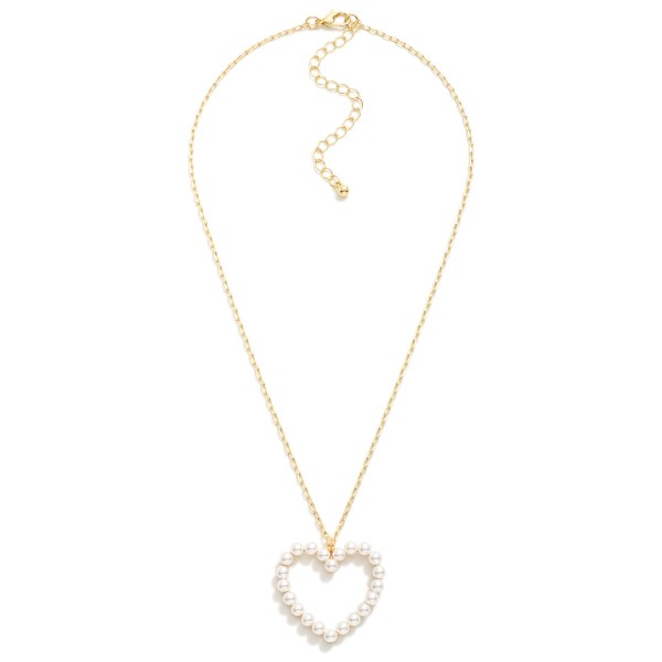Petite Paperclip Chain Link Necklace Featuring Pearl Studded Hollow Heart Pendant 

- Approximately  16" L
- Extender 3" L