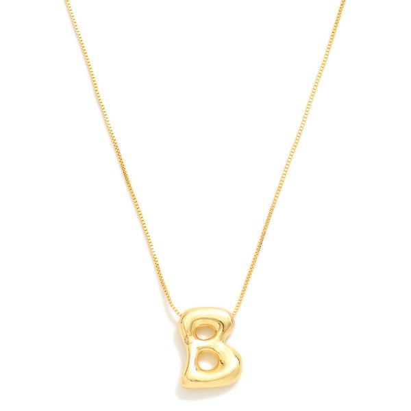 Metal Tone Box Chain Necklace Featuring Retro Bubble Initial Pendant 

- 18K Gold Plated 
- Approximately 16" L
- Adjustable Slide Extender 