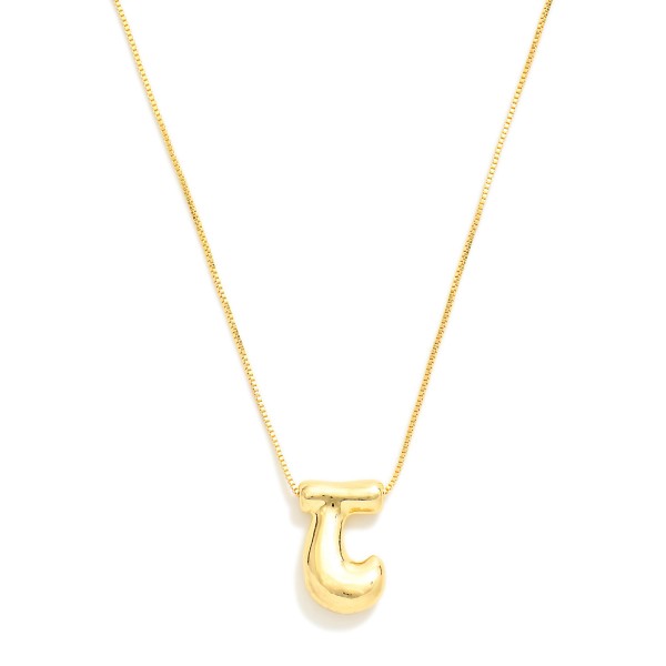 Metal Tone Box Chain Necklace Featuring Retro Bubble Initial Pendant 

- 18K Gold Plated 
- Approximately 16" L
- Adjustable Slide Extender 