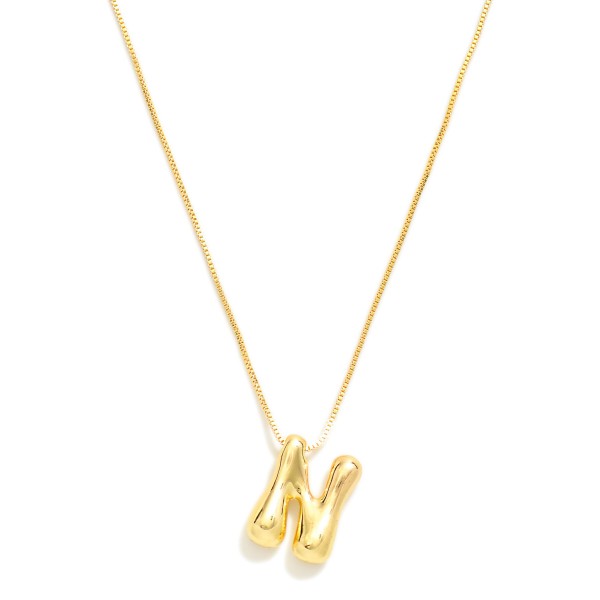 Metal Tone Box Chain Necklace Featuring Retro Bubble Initial Pendant 

- 18K Gold Plated 
- Approximately 16" L
- Adjustable Slide Extender 