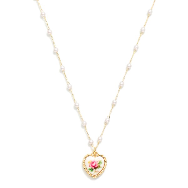 Chain Link Necklace With Pearl Stations Featuring Vintage Porcelain Heart Rose Charm

- Approximately 14" L
- Extender 2" L