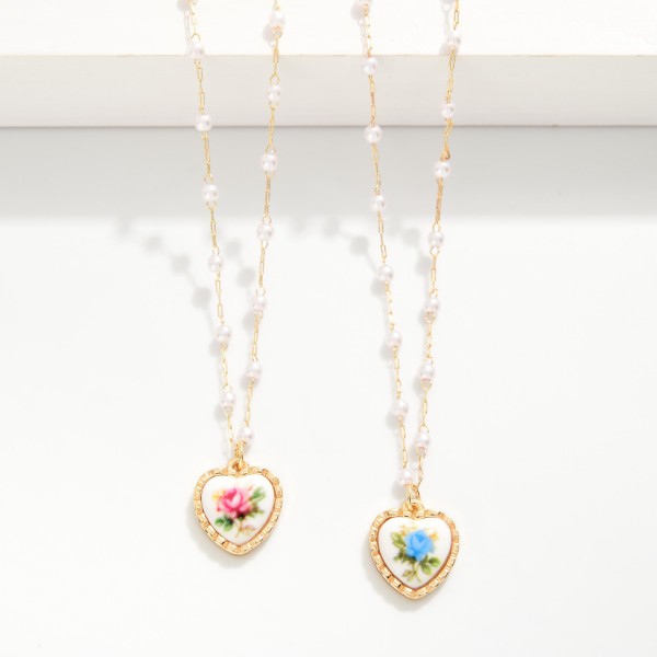 Chain Link Necklace With Pearl Stations Featuring Vintage Porcelain Heart Rose Charm

- Approximately 14" L
- Extender 2" L