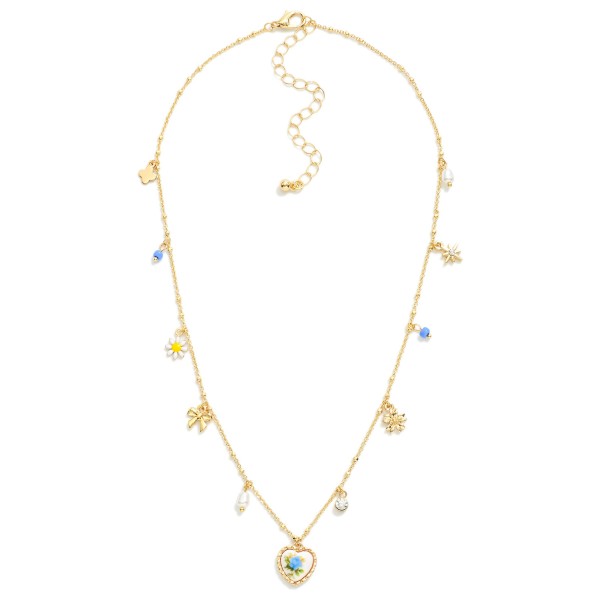 Wholesale gold Chain Link Necklace Charm Blue Beads Stations Gold Bow Star Flowe