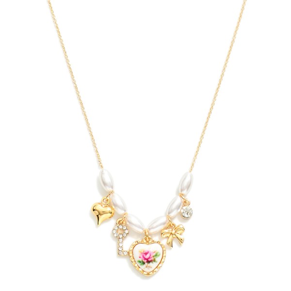 Wholesale dainty Gold Chain Link Necklace Pearl Beads Gold Heart Bow Key Rhinest