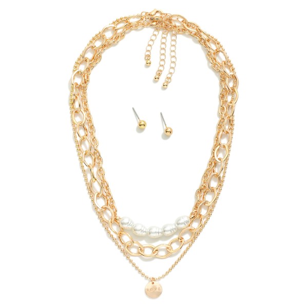 Set Of Three Metal Chain Link Necklace Featuring Pearls And Metal Stud Earrings 

-Metal Stud Earrings Included
- Approximately 16" L
- Extender 2" L