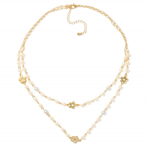 Wholesale layered Pearl Beaded Chain Link Necklace Rhinestone Metal Flower Stati