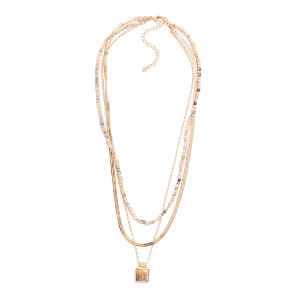 Wholesale layered Chain Link Necklace Metal Tones Stone Beads Square Stone Penda