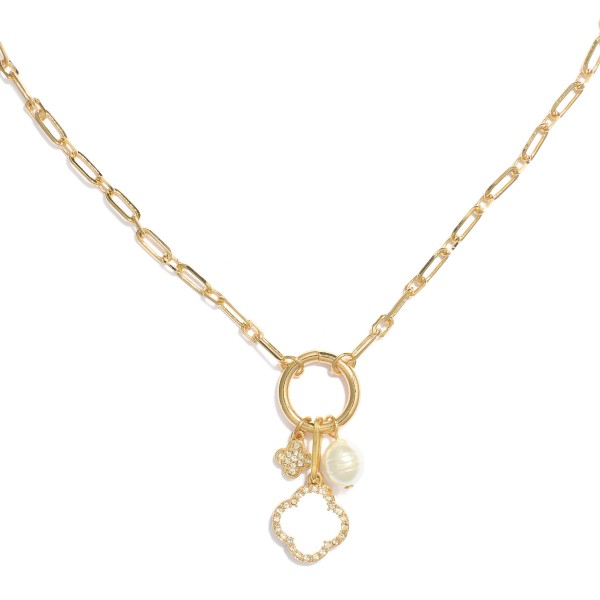 Wholesale paperclip Chain Link Necklace Metal Hoop Pendant Clover Pearl Charms L
