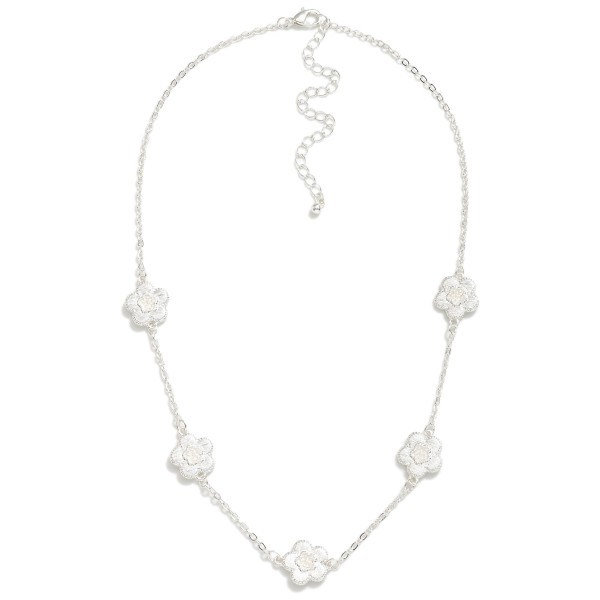 Chain Link Necklace With Metal Flower Station Featuring Pearls  

- Approximately 14" L
- Extender 3" L