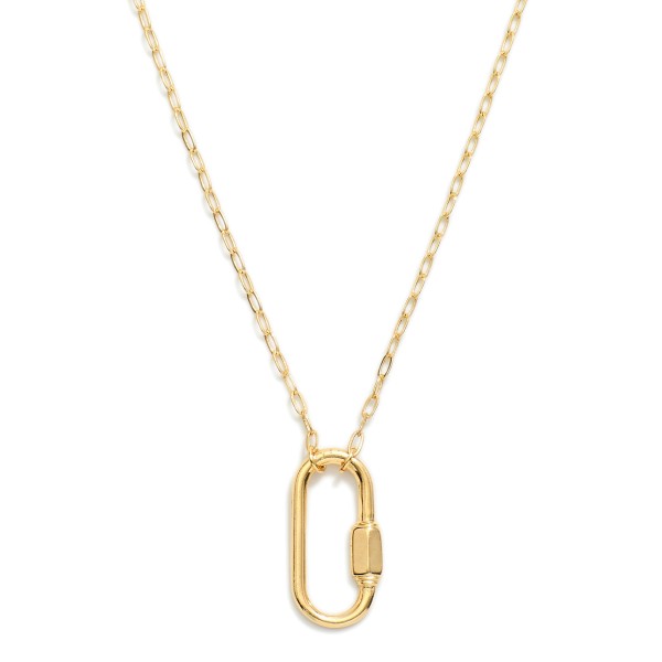 Paperclip Chain Link Necklace Featuring Gold Tone Carabiner Pendant  

- Approximately 16" L
- Extender 2" L
- 18k Gold Filled
- Hypoallergenic
- Made In Brazil


