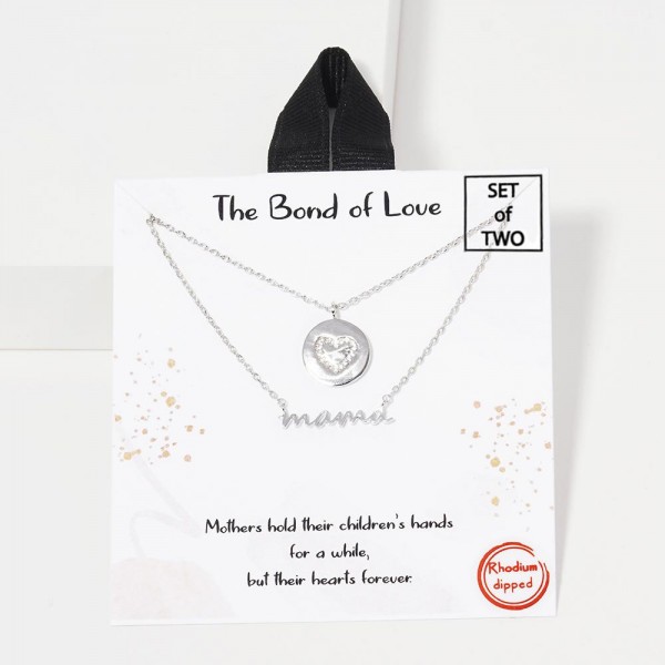 Wholesale set Two Dainty Chain Link Necklaces mama Cubic Zirconia Heart Pendant
