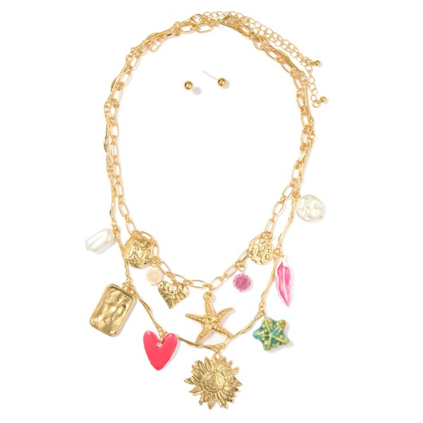 Wholesale textured Layered Metal Chain Link Charm Necklace Gold Tones Flowers Go