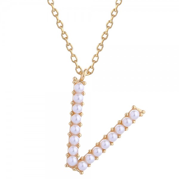 Wholesale do Everything Love Chain Link Necklace Pearl Studded Initial Pendant L