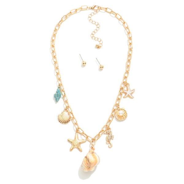 Wholesale chain Link Necklace Shell Sea Animal Charms Metal Ball Stud Earrings I