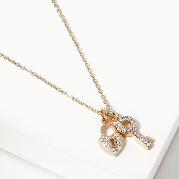 Wholesale chain Link Necklace Heart Lock Key Pendants Rhinestone Accents L Exten