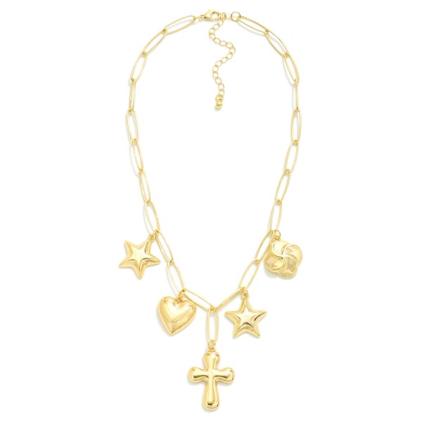 Wholesale chain Link Charm Necklace Puffy Metal Heart Star Cross Charms L Extend