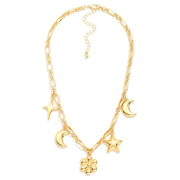 Chain Link Charm Necklace Featuring Metal Tone Stars, Moons, & Flower Charms 

- Approximately 18" L
- Extender 3" L 