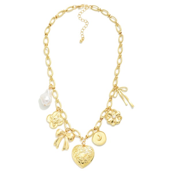 Wholesale chain Link Charm Necklace Metal Tones Bows Flowers Pearl Charms L Exte