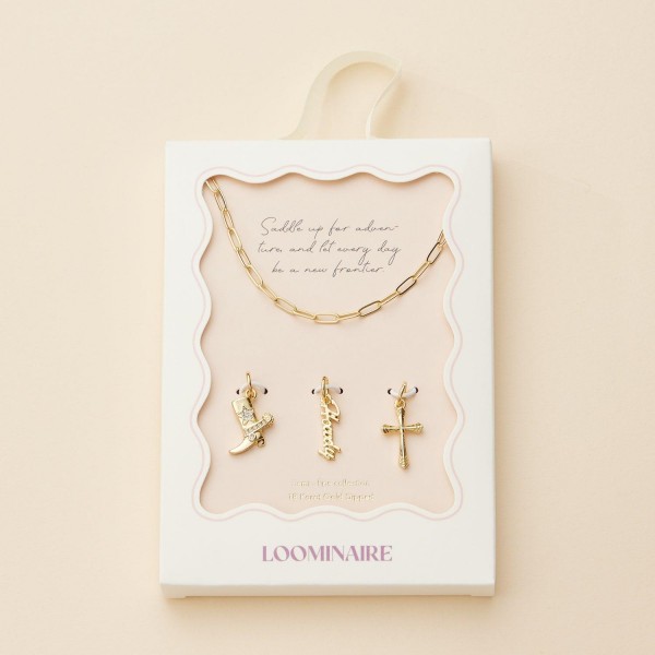 Paperclip Chain Link Necklace Featuring Metal Tone Cross, "Howdy", & Cowboy Boot Charms 

- Add Your Own Charms
- 18K Gold Dipped
- Brass base
- Approximately 16" L
- Extender 2" L