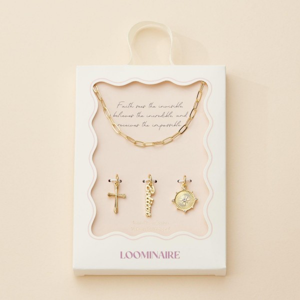 Paperclip Chain Link Necklace Featuring Metal Tone Cross, Sun, "Believe" Charms 

- Add Your Own Charms
- 18K Gold Dipped
- Brass base
- Approximately 16" L
- Extender 2" L