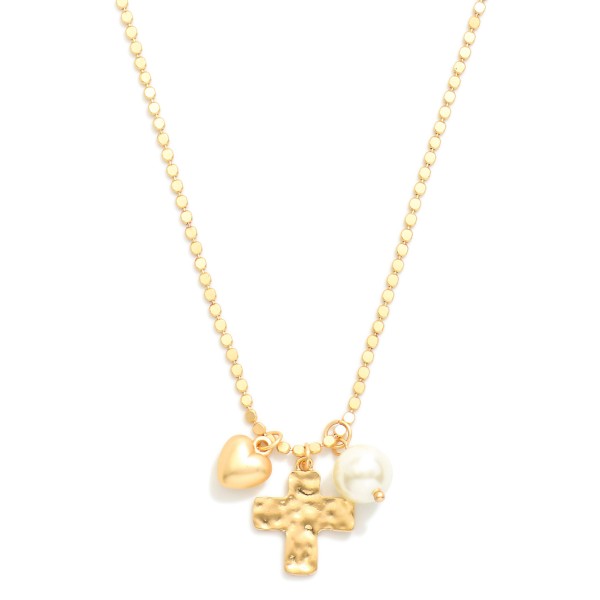 Flat Ball Chain Necklace Featuring Hammered Metal Cross, Heart, & Pearl Pendants

- Approximately 16" L
- Extender 3" L