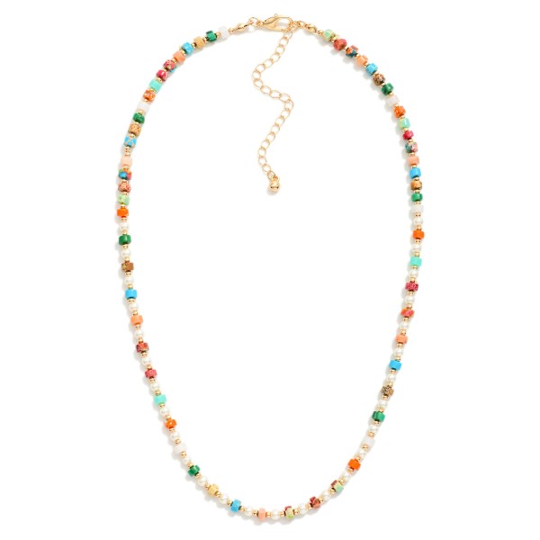 Beaded Natural Stone Necklace With Gold Beaded And Pearl Beaded Details 

- Approximately 16" L
- Extender 3" L

