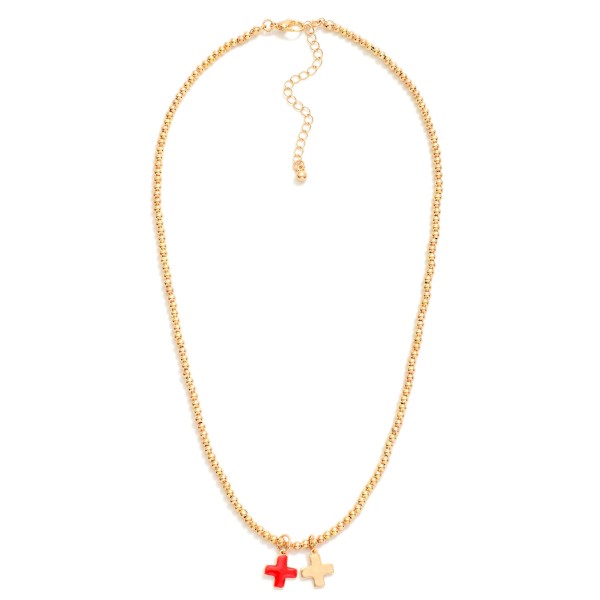 Metal Tone Beaded Necklace Featuring Enamel Plus Cross Pendants

- Approximately 16" L
- Extender 3" L