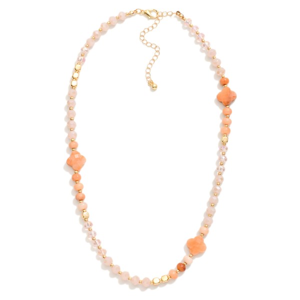 Beaded Necklace Featuring Faceted Beads, Metal Tones, & Stone Clover Stations 

- Approximately 16" L
- Extender 3" L