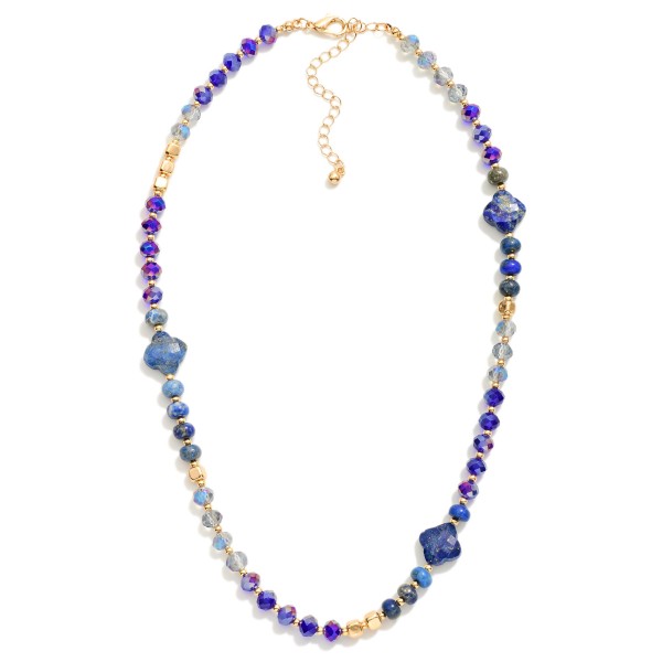 Beaded Necklace Featuring Faceted Beads, Metal Tones, & Stone Clover Stations 

- Approximately 16" L
- Extender 3" L
