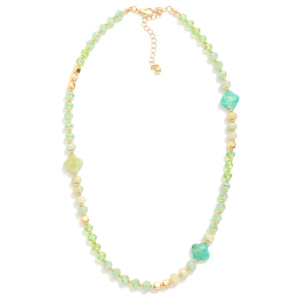 Beaded Necklace Featuring Faceted Beads, Metal Tones, & Stone Clover Stations 

- Approximately 16" L
- Extender 3" L