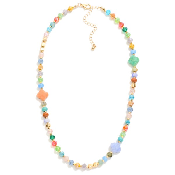 Beaded Necklace Featuring Faceted Beads, Metal Tones, & Stone Clover Stations 

- Approximately 16" L
- Extender 3" L