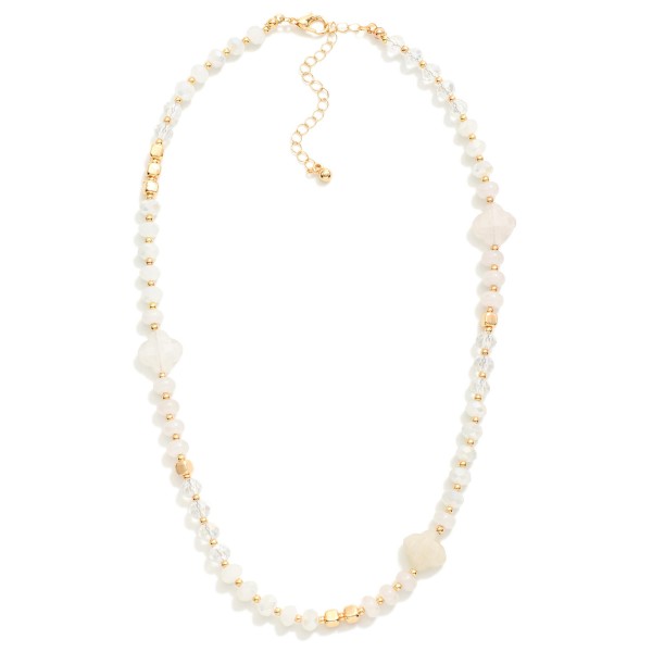 Beaded Necklace Featuring Faceted Beads, Metal Tones, & Stone Clover Stations 

- Approximately 16" L
- Extender 3" L
