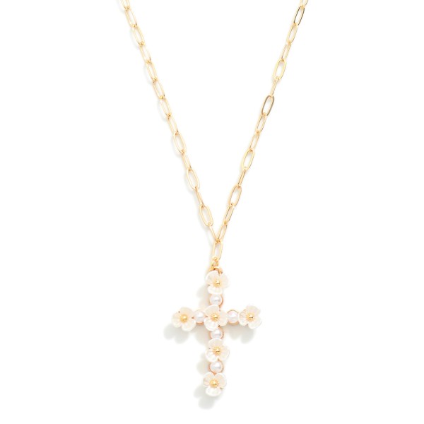 Wholesale paperclip Chain Link Necklace Pearl Flower Studded Cross Pendant L Ext