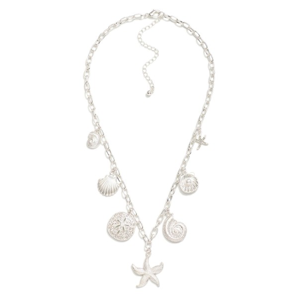 Chain Link Charm Necklace Featuring Metal Tone, Rhinestones, & Beach Charms

- Approximately 16" L
- Extender 3" L

